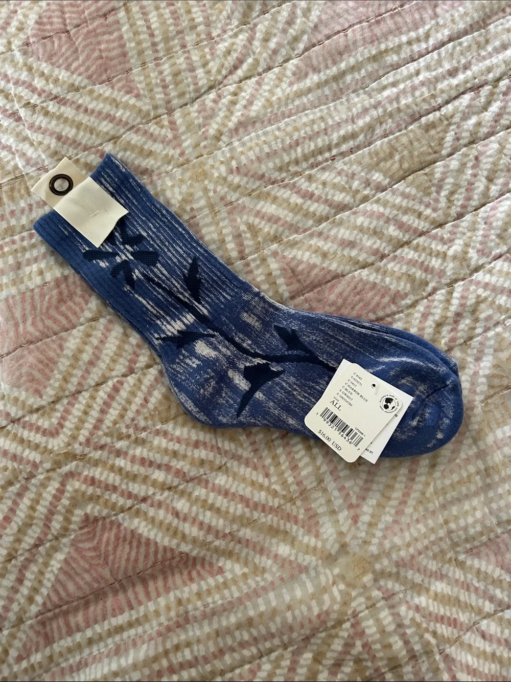 Free People Blue Crew Socks with Bird Motif